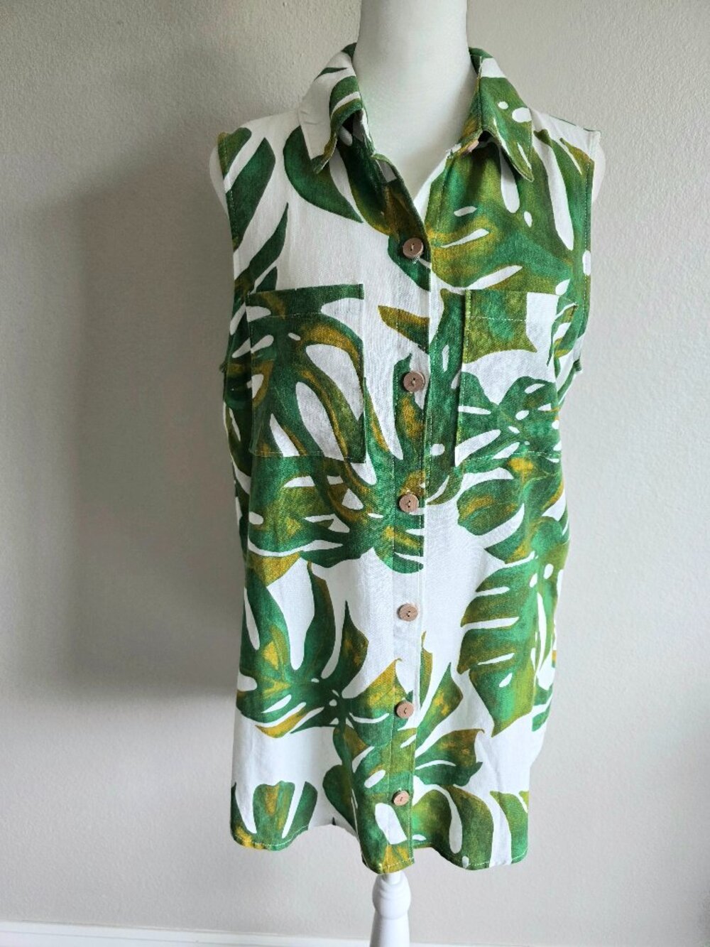 JOIE Blouse Linen Blend Tropical Sleeveless Collared Button Up Resort SIze M L